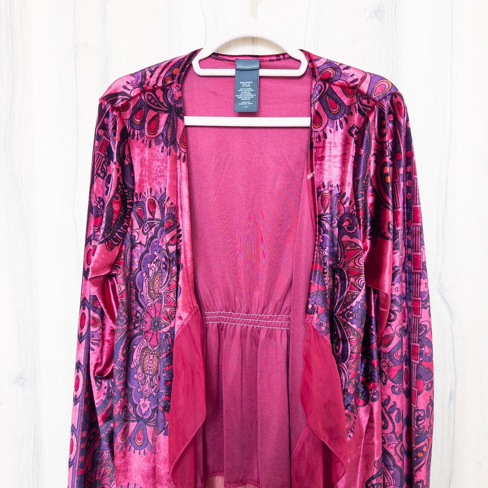 Womens Velvet Cardigan L Pink Paisley Sheer Trim Open Front Boho Festival Artsy - Picture 3 of 8